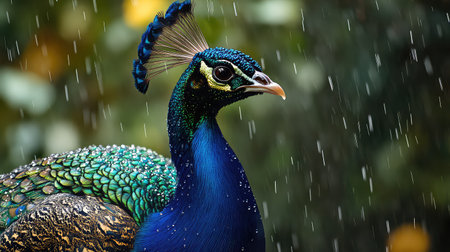 This stunning close-up captures a peacock's vibrant plumage with raindrops glistening on its feathers, set against a lush garden background.の素材