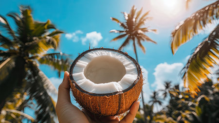 A hand holding a halved coconut showcasing creamy flesh under a vibrant blue sky with palm trees, embodying tropical vibes and healthy living.の素材