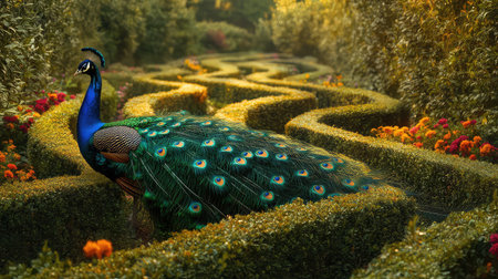 A stunning peacock stands proudly in a beautifully manicured garden, showcasing its vibrant feathers amidst a scenic labyrinth of greenery and colorful blooms.の素材