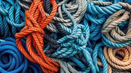 This vibrant image showcases an abstract arrangement of colorful ropes with intricate knots in blues and oranges, perfect for marine-themed projects.の素材