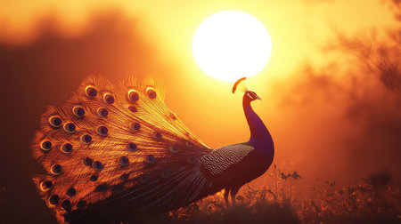 A stunning silhouette of a peacock showcasing its colorful feathers against a breathtaking sunset. The image captures the beauty of nature in a serene setting.の素材