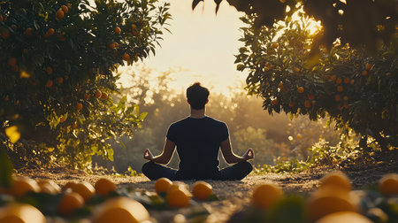 A tranquil scene capturing a person meditating in an orange grove during sunset, surrounded by ripe oranges and bathed in warm sunlight.の素材