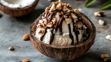 A tempting coconut bowl filled with delicious ice cream, drizzled with rich chocolate sauce and topped with chopped nuts, perfect for dessert lovers.の素材