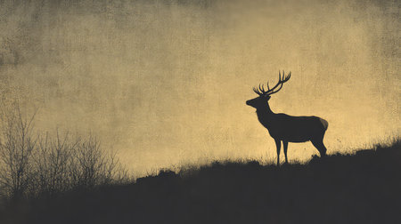 A striking silhouette of a stag stands gracefully against a golden sunset backdrop, highlighting the beauty of wildlife in a peaceful natural setting.の素材