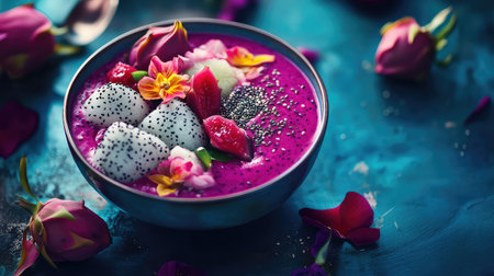 A colorful bowl featuring dragon fruit, chia seeds, and fresh berries, beautifully garnished with edible flowers, showcasing vibrant colors and a healthy lifestyle.の素材