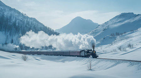 This captivating image showcases a vintage steam train traveling through a serene snowy landscape. Majestic mountains rise in the background, while billows of steam contrast against the crisp, blue sky, evoking a sense of nostalgia and adventure.の素材