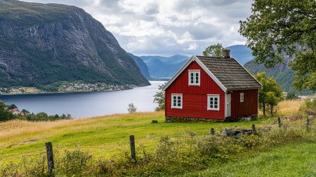 A picturesque red wooden house stands proudly amidst a breathtaking fjord landscape in Norway, surrounded by lush greenery and towering mountains, evoking serenity and natural beauty under a partly cloudy sky.の素材