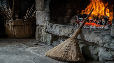 A rustic broom sits gracefully beside a stone fireplace, where flames dance and crackle, exuding warmth and comfort. A woven basket nearby adds to the charming atmosphere.の素材