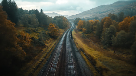 This captivating image showcases a tranquil train track meandering through a stunning autumn landscape. Vibrant foliage adorns the surroundings, creating a serene atmosphere.の素材