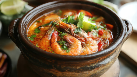 A vibrant bowl of authentic spicy shrimp soup served in a traditional clay pot, featuring fresh herbs, lime, and colorful vegetables, perfect for a cozy meal.の素材