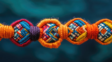 Vibrant handcrafted woven bracelet showcasing intricate patterns and colorful threads, highlighting the beauty of traditional craftsmanship and artistic design.の素材