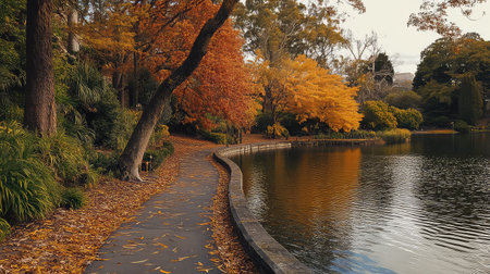 A picturesque autumn scene featuring a serene path beside a calm lake, adorned with vibrant orange and golden leaves, creating a peaceful retreat in nature.の素材