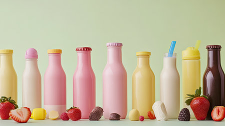 A vibrant collection of milk and ice cream bottles in various colors, surrounded by fresh fruits and candies. Perfect for summer treats and delicious indulgence.の素材