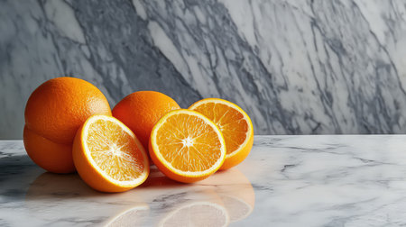 This image features fresh oranges and sliced halves on a polished marble surface, highlighting natural colors and textures perfect for culinary displays.の素材