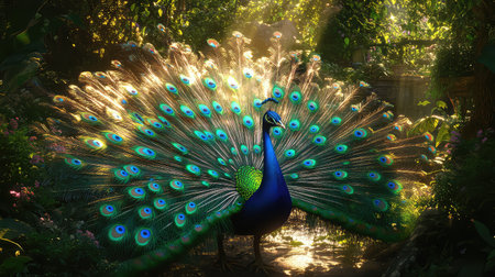 A stunning peacock spreading its extravagant feathers in a vibrant garden, illuminated by soft natural light, showcasing nature's beauty and grace.の素材