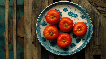 A visually appealing composition featuring fresh red tomatoes arranged on a traditional plate. The rustic wooden background adds warmth and character to the image, perfect for culinary themes.の素材