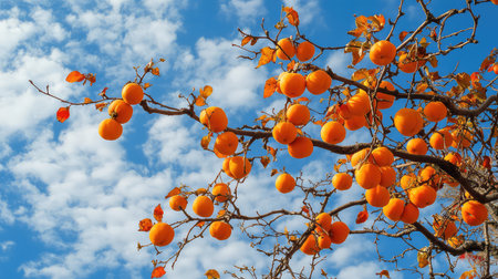 A beautiful display of vibrant orange oranges hanging from a sturdy branch. The background features a captivating blue sky adorned with fluffy white clouds, creating a striking contrast.の素材