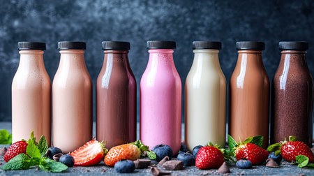 A stunning display of various flavored milk bottles in vibrant colors surrounded by fresh strawberries, blueberries, and mint leaves against a dark background.の素材