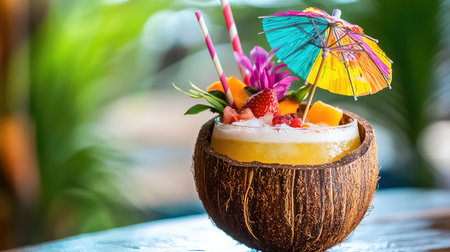 Enjoy a refreshing tropical coconut drink adorned with a colorful umbrella and fresh fruits, perfect for summer relaxation and outdoor gatherings.の素材