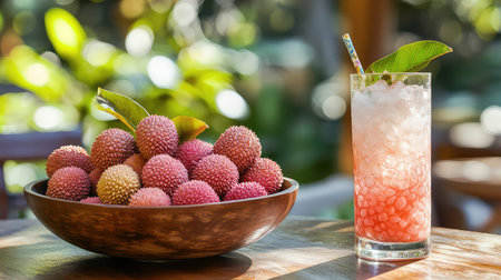 A vibrant still life featuring fresh lychee fruits in a wooden bowl beside a refreshing lychee cocktail with ice, set against a lush green backdrop.の素材