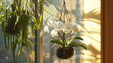 A serene hanging orchid in a sleek pot is illuminated by soft sunlight, creating tranquil shadows that enhance the beauty of the indoor space.の素材