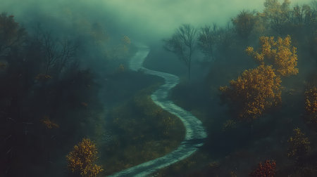 A winding road traverses through a misty autumn landscape, adorned with vibrant foliage. Soft light enhances the tranquil atmosphere, inviting exploration.の素材
