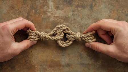 Two hands skillfully tying a secure knot with natural rope against a textured background, symbolizing craftsmanship and outdoor activities.の素材