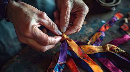 Delve into the world of crafting with this close-up image of hands working attentively on colorful fabric ribbons. The warm workshop setting inspires creativity.の素材