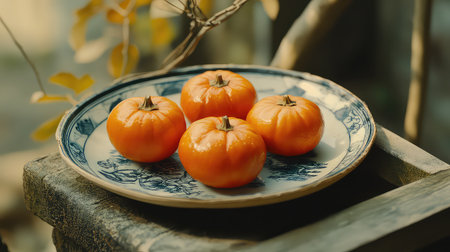 A captivating still life featuring fresh orange tangerines arranged on a beautifully decorated blue and white plate, evoking autumn warmth and natural beauty.の素材