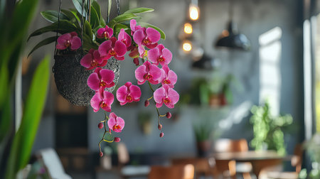 Beautiful hanging purple orchids create a stunning focal point in a modern interior, surrounded by warm lighting and lush greenery, evoking serenity.の素材