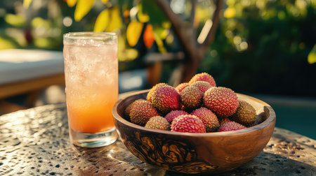 A vibrant display featuring fresh lychee fruit arranged in a wooden bowl beside a refreshing sparkling drink, all set against a sunny garden backdrop.の素材