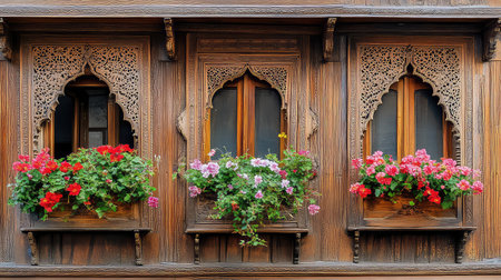 This image showcases an ornate wooden window adorned with vibrant flower boxes filled with colorful blooms, capturing the essence of traditional architecture and beauty.の素材