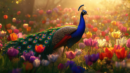 A stunning peacock stands proudly among a vibrant field of blooming flowers during sunrise. Soft sunlight bathes the scene, creating a dreamy atmosphere.の素材