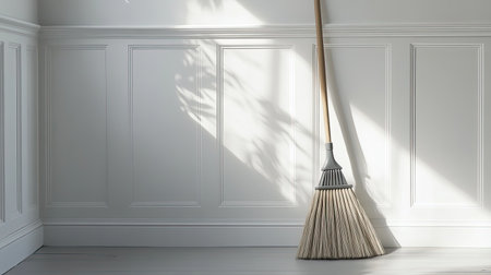 A serene indoor scene featuring a broom resting against a clean white wall, enhanced by soft sunlight and gentle shadows that create a peaceful atmosphere.の素材