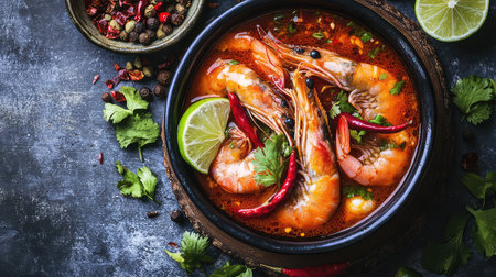 A vibrant bowl of spicy shrimp soup featuring fresh herbs, red chili, and zesty lime. Perfect for food lovers seeking bold flavors and enticing presentations.の素材