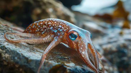 A stunning close-up of a colorful octopus resting on a rocky shoreline, showcasing its vibrant skin patterns and beautiful blue hues amidst ocean water.の素材
