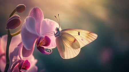 A stunning image showcases a delicate butterfly resting on a vibrant pink orchid, bathed in gentle sunlight, creating a serene and enchanting atmosphere in nature.の素材