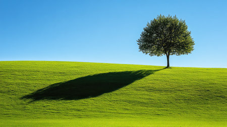 A beautiful, solitary tree casts a long shadow on a vibrant green hill under a clear blue sky, creating a peaceful scene perfect for nature lovers.の素材