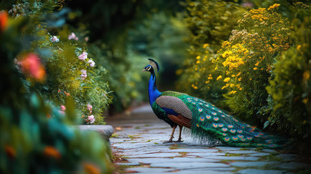 A stunning peacock gracefully walks along a stone path in a vibrant garden. Surrounded by colorful flowers and lush foliage, the scene captures the harmony of nature.の素材