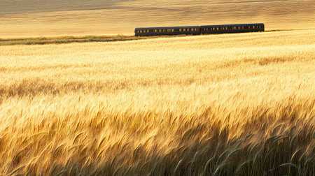A picturesque landscape featuring a train moving gracefully through expansive golden wheat fields, creating a serene and tranquil atmosphere under a clear sky.の素材