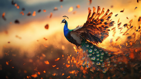 A magnificent peacock showcases its spectacular feathers in front of a stunning autumn sunset, surrounded by colorful leaves. The scene captures nature's beauty and elegance.の素材