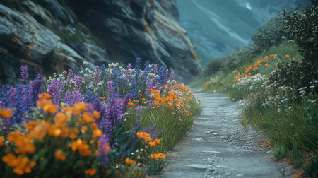 A stunning view of a pathway surrounded by vibrant wildflowers and rocky hills, showcasing the beauty of nature in a serene outdoor setting.の素材