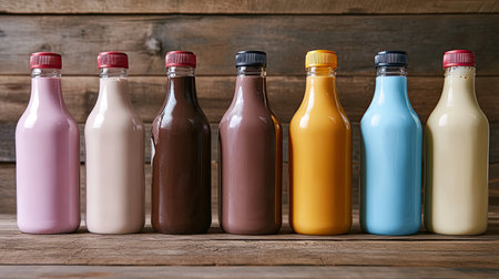 A vibrant display of assorted milk bottles in various colors lined up against a rustic wooden background. Each bottle represents a unique flavor, ideal for food and beverage projects.の素材
