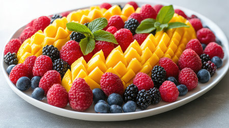 A vibrant display of fresh mango and assorted berries arranged beautifully on a plate. Perfect for a healthy dessert or snack option, this colorful fruit arrangement features juicy mango slices, bright raspberries, and rich blueberries, garnished with mint leaves. Enjoy a refreshing and nutritious treat.の素材