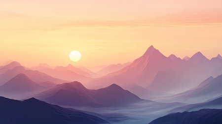 Experience the tranquility of a serene sunrise over majestic mountains, showcasing a vibrant pastel sky and misty valleys, perfect for nature lovers.の素材