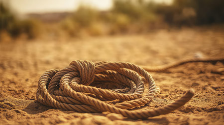 This close-up image features a coiled rope resting on sandy terrain, illuminated by warm sunlight. The background is softly blurred, highlighting the textures and colors of nature. Ideal for themes related to outdoor activities, craftsmanship, and rustic settings.の素材