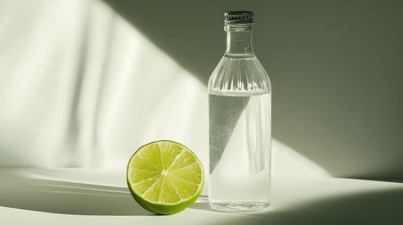 A clear glass bottle filled with water stands next to a bright green lime slice, captured under soft, natural light that creates gentle shadows.の素材