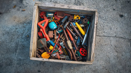 A detailed overhead view of assorted hand tools and hardware neatly packed in a rustic wooden box, perfect for DIY projects and various repairs.の素材