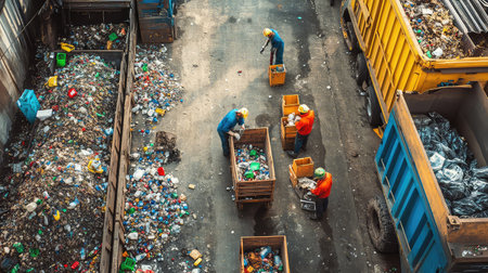 Workers in safety helmets sort recyclable materials in an industrial waste management facility, highlighting teamwork and environmental responsibility.の素材
