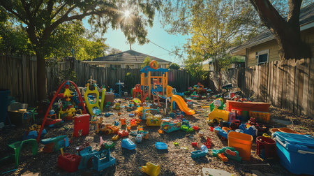 A vibrant outdoor play area designed for children featuring an array of colorful toys and play structures under a bright sun, promoting joy and creativity.の素材